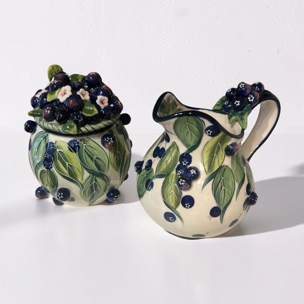 J McCall Sugar Bowl and Creamer Set 2004 Blue Sky Clayworks Blueberry W/Spoon